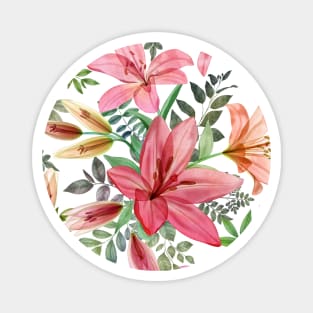 Transparent Lilly flowers and leaves watercolor seamless pattern. Translucent Summer tropical bouquets. Spring blossom garden Magnet